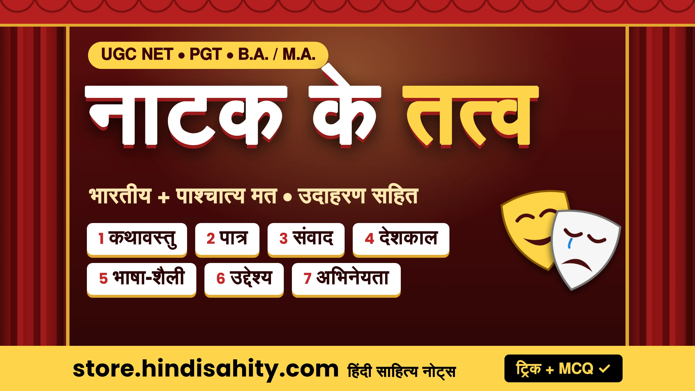 नाटक के तत्व - कथावस्तु, पात्र, संवाद, देशकाल, भाषा-शैली, उद्देश्य और अभिनेयता