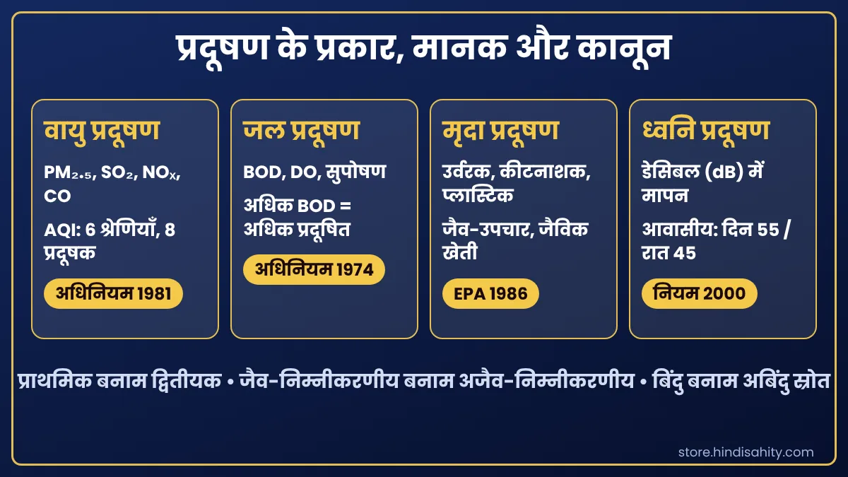 प्रदूषण के प्रकार, मानक और कानून प्रदूषण के प्रकार: वायु, जल, मृदा और ध्वनि प्रदूषण के प्रमुख प्रदूषक, मानक और कानून