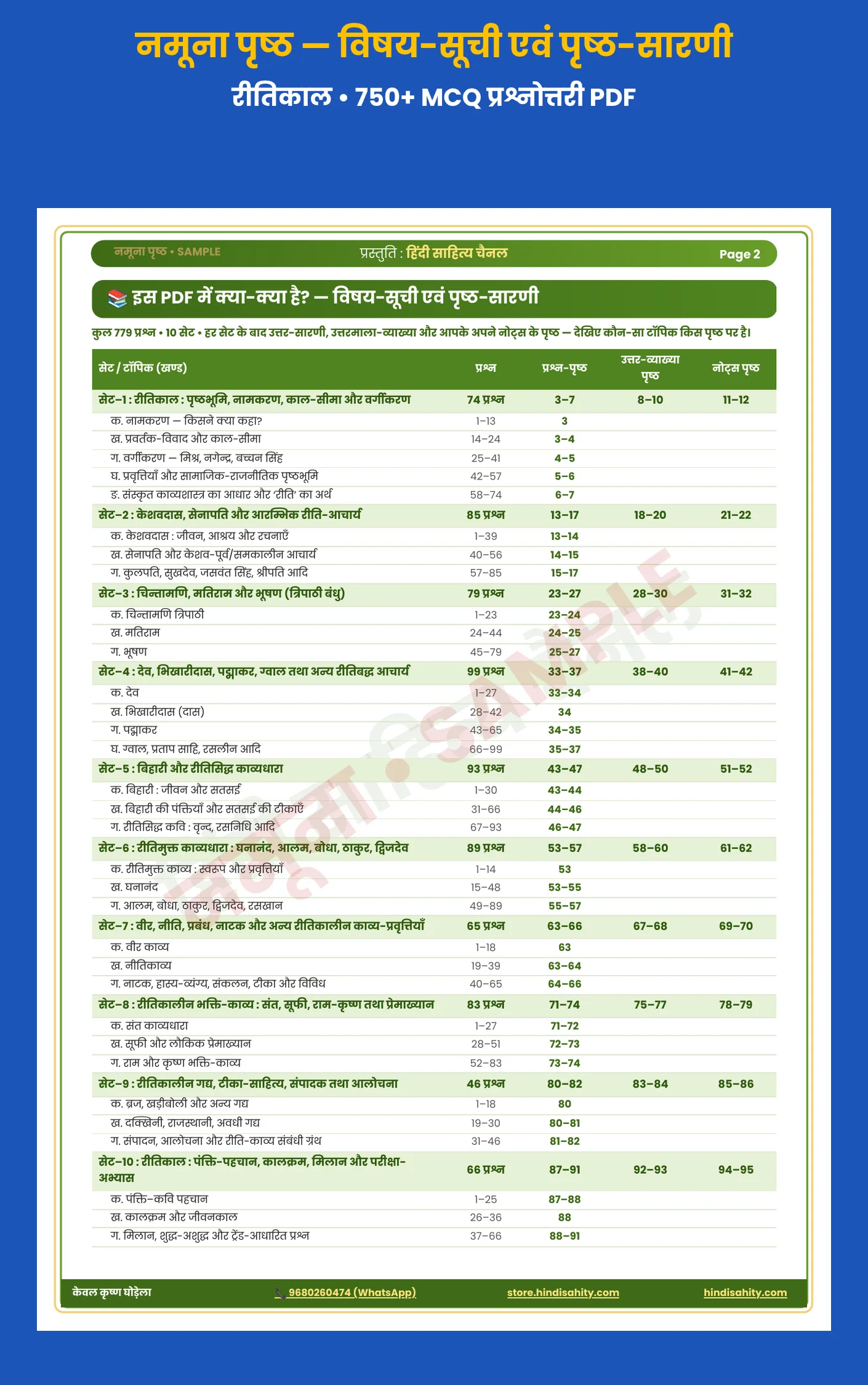 रीतिकाल हिंदी साहित्य MCQ प्रश्नोत्तरी PDF सैंपल – विषय-सूची एवं पृष्ठ-सारणी (UGC NET/JRF हिंदी)